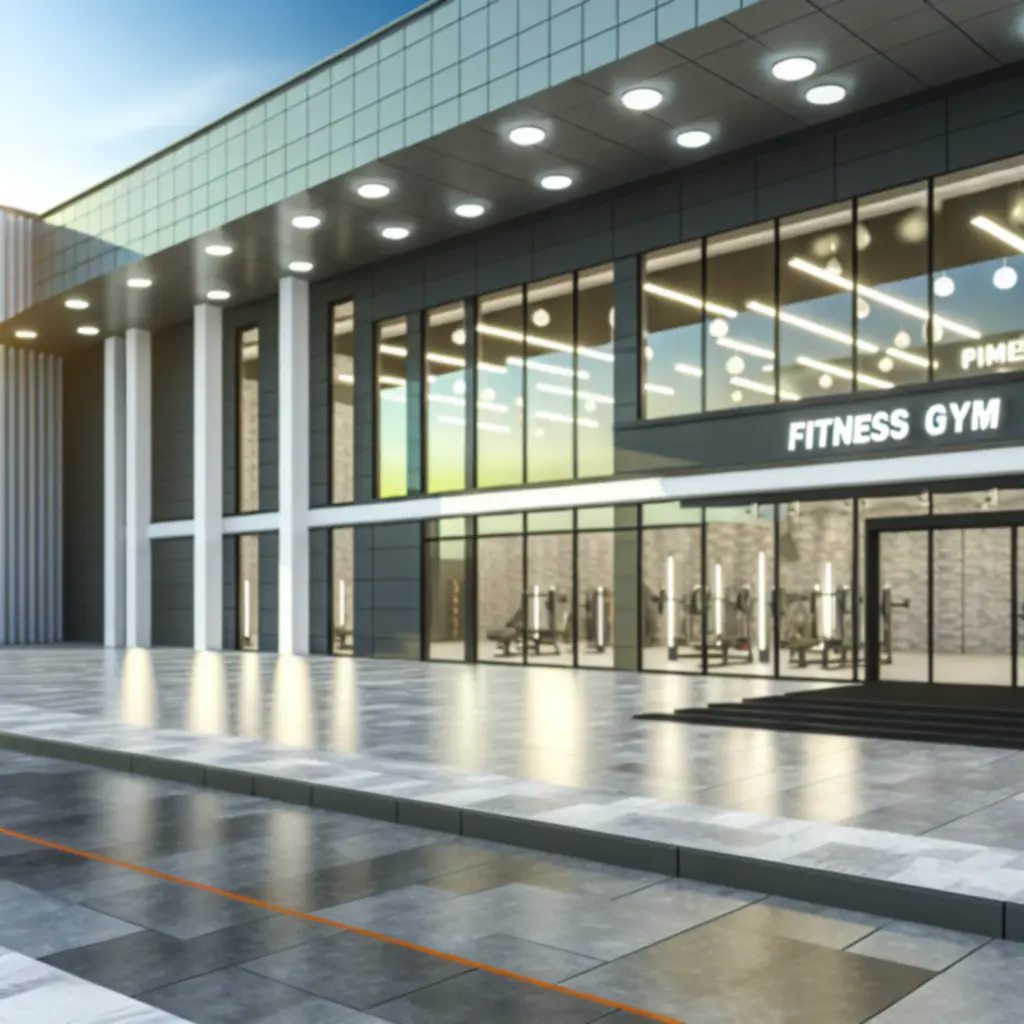 BodyFiit Club modern fitnesz klub külső nézete este megvilágított bejárattal.